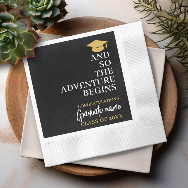 And So The Adventure Begins Black Gold Graduation Napkin (Custom Graduation Party Napkin - Modern Black and Gold Design with Grad's Name)