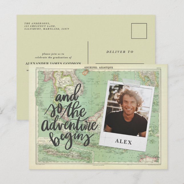 And so the adventure begins photo graduation invit invitation postcard (Front/Back)