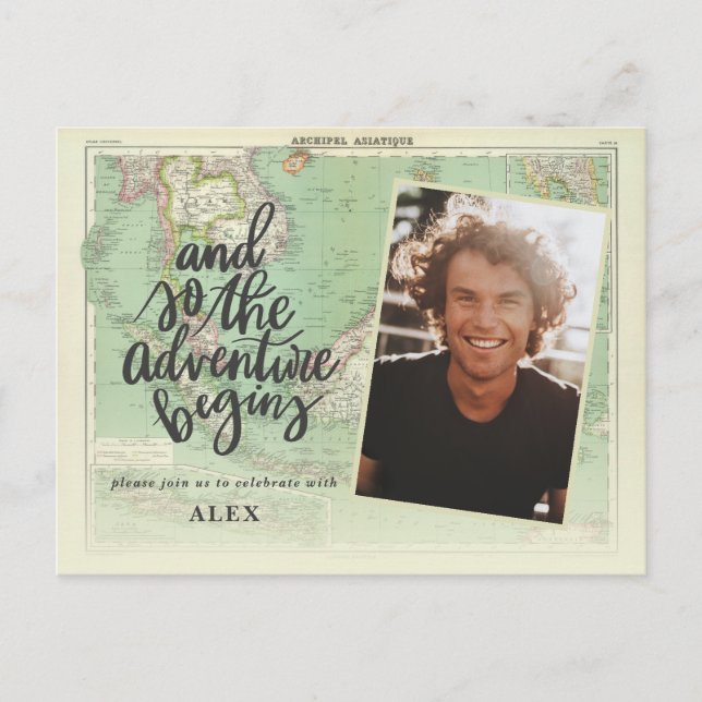 And so the adventure begins photo graduation invitation postcard (Front)