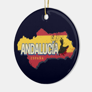 Andalusia Spain Retro Map Vintage Flamenco Holiday Ceramic Tree Decoration