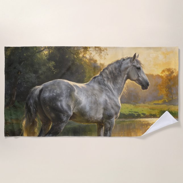 Andalusian Stallion by the Lake Beach Towel (Front)