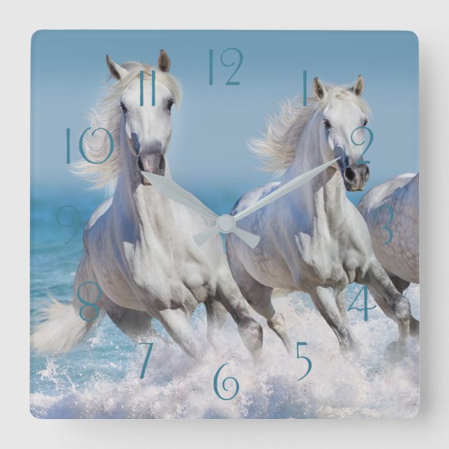 Andalusian white horses run in the waves square wall clock (Front)
