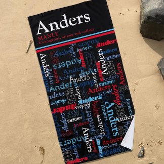 Anders personalised name meaning black red blue beach towel