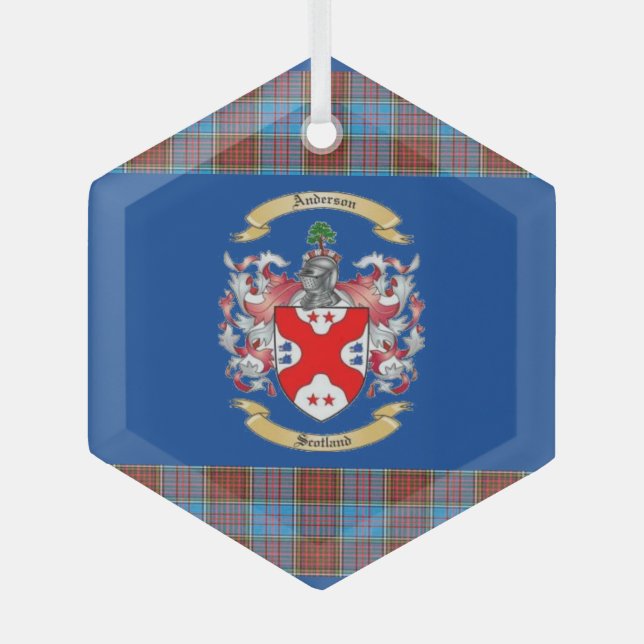 Anderson Crest w/ Anderson Tartan. Glass Tree Decoration (Front)