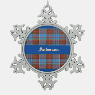 Anderson Family Crest W/ Anderson Tartan  Snowflake Pewter Christmas Ornament