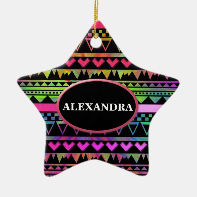 Andes Aztec Tribal Native Geometric Tie Die Neon Ceramic Tree Decoration (Front)
