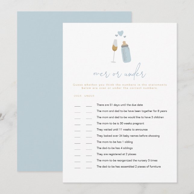 ANDI Blue Poppin' Bottles Over or Under Baby Game Invitation (Front/Back)