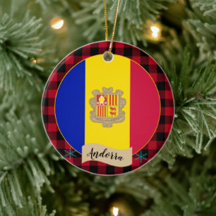 Andorra, Red buffalo plaid & Andorran Flag Ceramic Tree Decoration