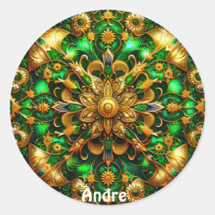 ANDRE ~ Shiny Green and Gold Christmas ~  Classic Round Sticker
