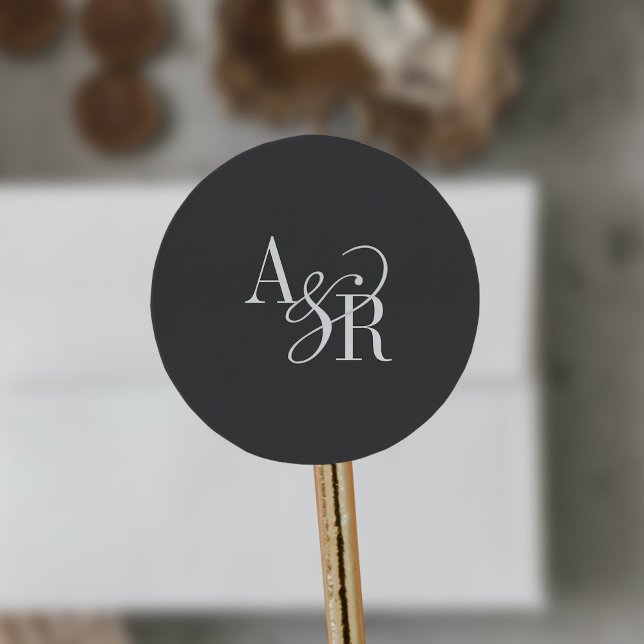 ANDREA Classic Grey Dark Academia Wedding Monogram Round Sticker (ANDREA Classic Gray Dark Academia Wedding Monogram Classic Round Sticker)