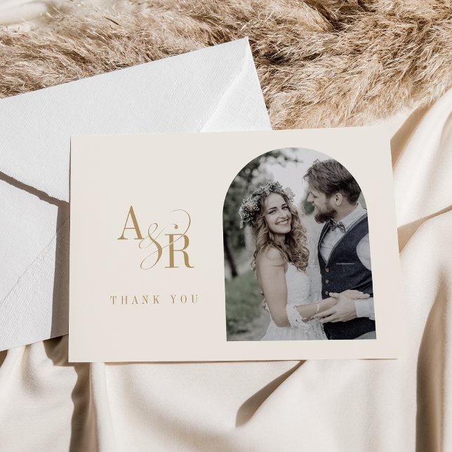ANDREA Flat Minimal Gold Cream Boho Photo Wedding Thank You Card (ANDREA Flat Minimal Gold Cream Boho Photo Wedding Thank You Card)
