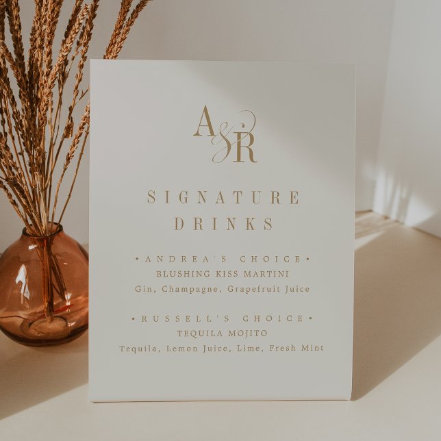 ANDREA Gold Cream Modern Wedding Signature Drink Pedestal Sign (ANDREA Gold Cream Modern Wedding Signature Drink Pedestal Sign)