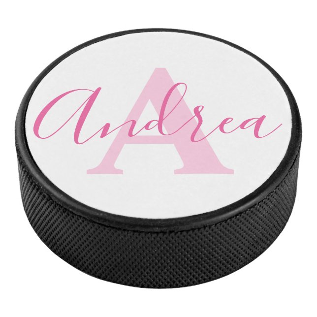 Andrea monogram pink text custom name initial hockey puck (3/4)
