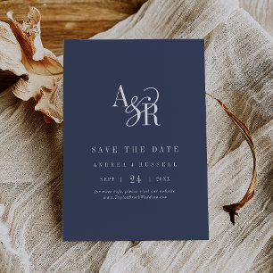 ANDREA Monogram Simple Navy Blue Minimal Wedding Save The Date