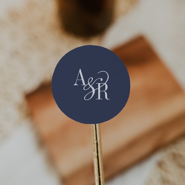ANDREA Navy Blue Modern Simple Wedding Monogram Classic Round Sticker (ANDREA Navy Blue Modern Simple Wedding Monogram Classic Round Sticker)