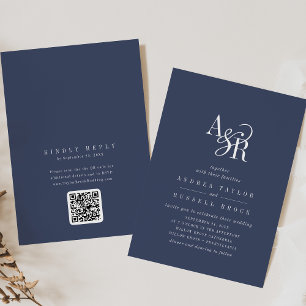 ANDREA Navy Blue QR Code Classic Elegant Wedding Invitation