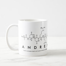 Mug featuring the name Andrea spelled out in the single letter amino acid code