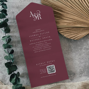 ANDREA QR Code Burgundy Simple Minimal Wedding All In One Invitation