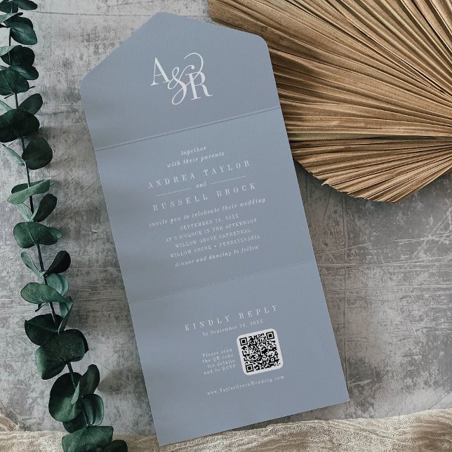 ANDREA QR Code Dusty Blue Simple Minimal Wedding All In One Invitation (ANDREA QR Code Dusty Blue Simple Minimal Wedding All In One Invitation)