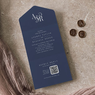 ANDREA QR Code Navy Blue Simple Minimal Wedding All In One Invitation
