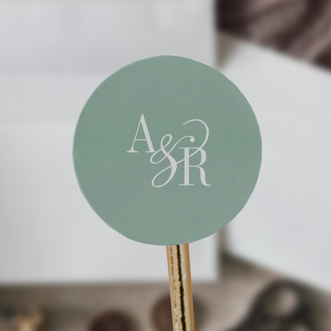 ANDREA Sage Green Modern Simple Wedding Monogram Classic Round Sticker (ANDREA Sage Green Modern Simple Wedding Monogram Classic Round Sticker)