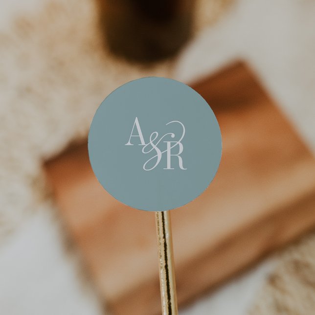 ANDREA Teal Blue Modern Simple Wedding Monogram Classic Round Sticker (ANDREA Teal Blue Modern Simple Wedding Monogram Classic Round Sticker)