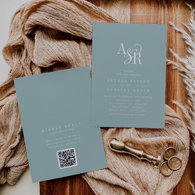 ANDREA Teal Blue QR Code Classic Elegant Wedding Invitation (ANDREA Teal Blue QR Code Classic Elegant Wedding Invitation)