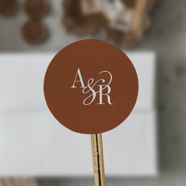 ANDREA Terracotta Modern Simple Wedding Monogram Classic Round Sticker (ANDREA Terracotta Modern Simple Wedding Monogram Classic Round Sticker)