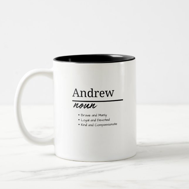 Andrew, Boy Personalised Name Definition Two-Tone Coffee Mug (Left)