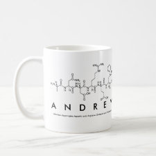 Mug featuring the name Andrew spelled out in the single letter amino acid code