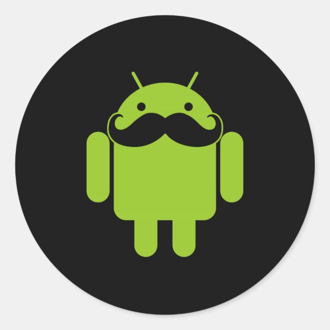 Android Robot Icon Moustache on Black Classic Round Sticker (Front)