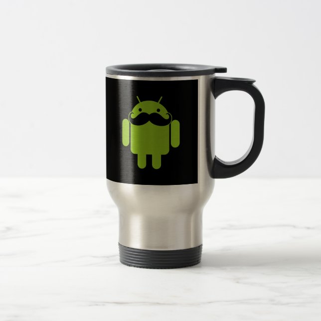 Android Robot Icon Moustache on Black Travel Mug (Right)