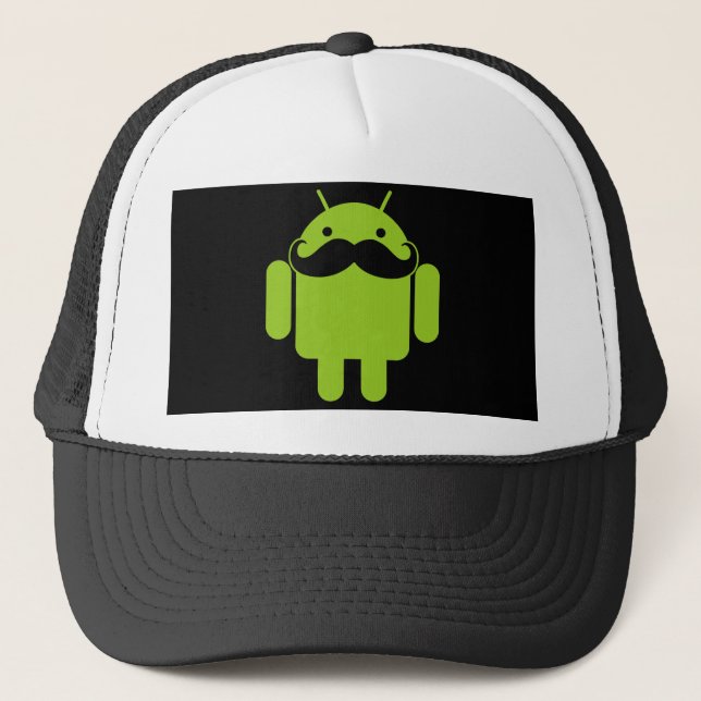 Android Robot Icon Moustache on Black Trucker Hat (Front)