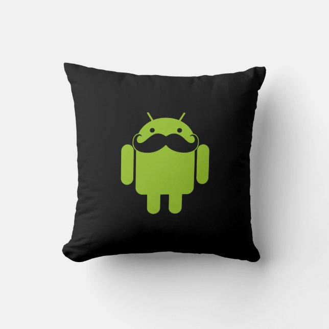 Android Robot Icon Mustache on Black Cushion (Front)