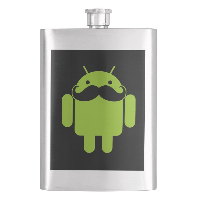 Android Robot Moustache Style on Black Hip Flask (Front)