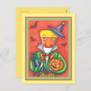 ANDY THE CANDY CORN MAN, BLACK CAT & JACK Colourfu Holiday Postcard