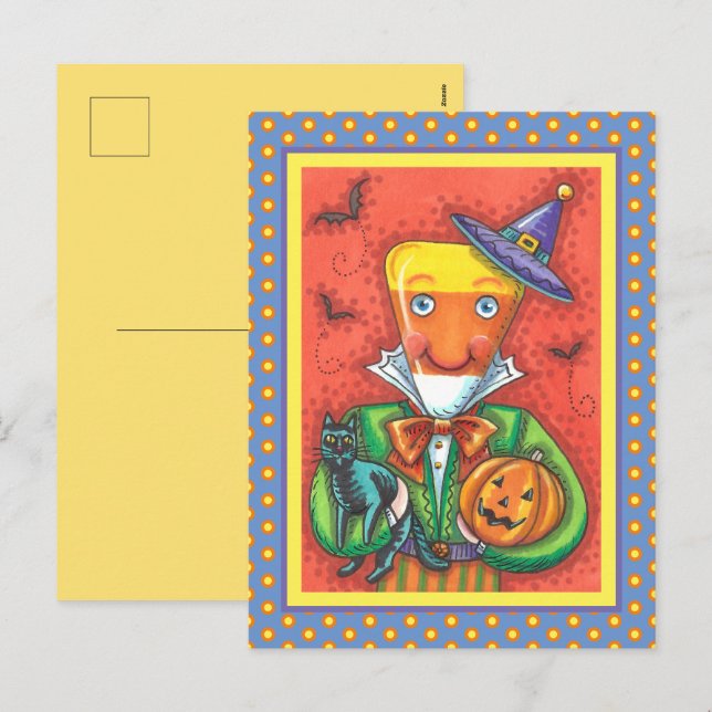 ANDY THE CANDY CORN MAN, BLACK CAT & JACK Colourfu Holiday Postcard (Front/Back)