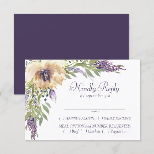 Anemone and Lavender   Purple Green Cream Entree RSVP Card