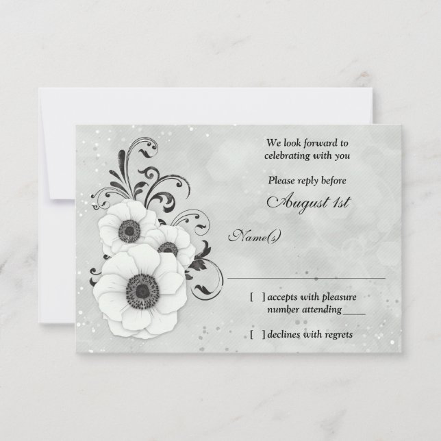 Anemone Black White Flower Wedding RSVP Reply (Front)