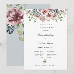 Anemone Blue Grey Botanical Rehearsal Dinner Invitation