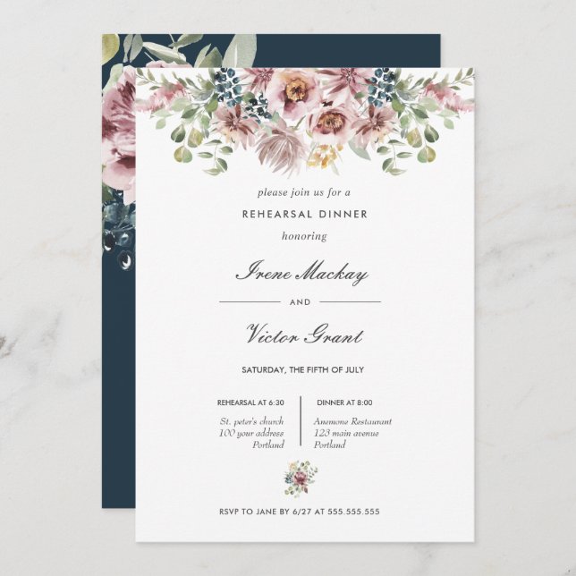 Anemone Blush Blue Botanical  Rehearsal Dinner Invitation (Front/Back)