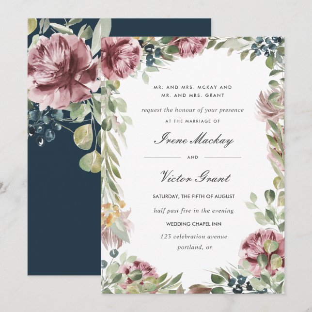 Anemone Blush | Blue Formal Botanical Wedding Invitation (Front/Back)