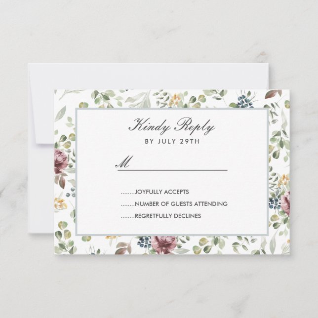 Anemone Blush Blue Grey flowers Wedding RSVP (Front)