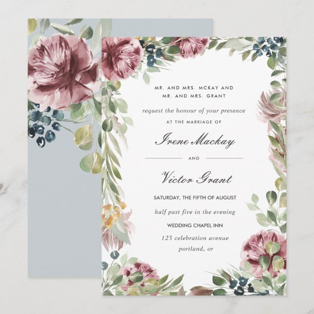 Anemone Blush | Blue grey Formal Botanical Wedding Invitation (Front/Back)