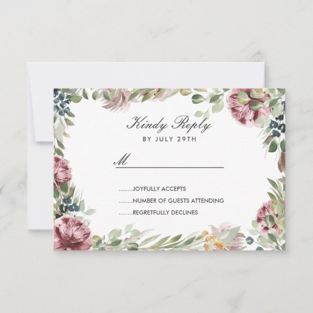 Anemone Blush Dark grey flowers frame Wedding RSVP (Front)