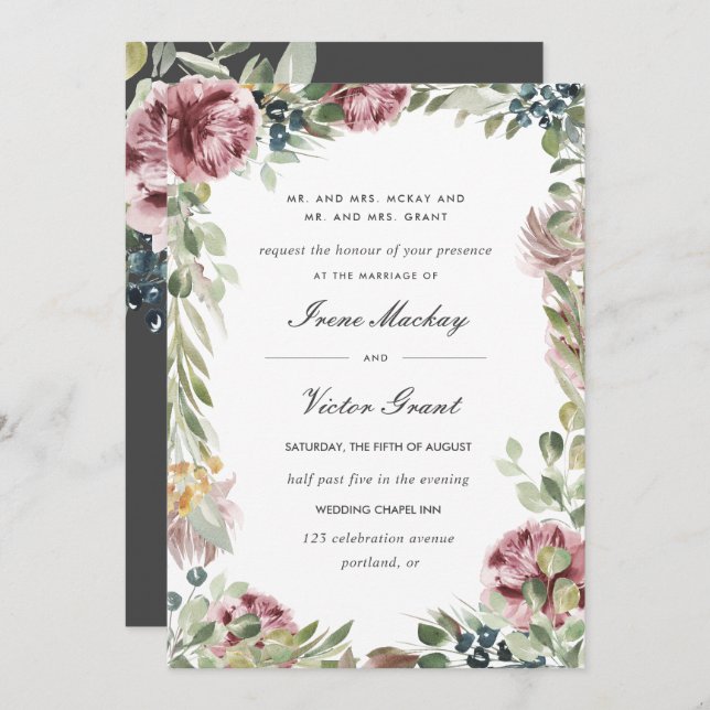 Anemone Blush | Dark grey Formal Botanical Wedding Invitation (Front/Back)