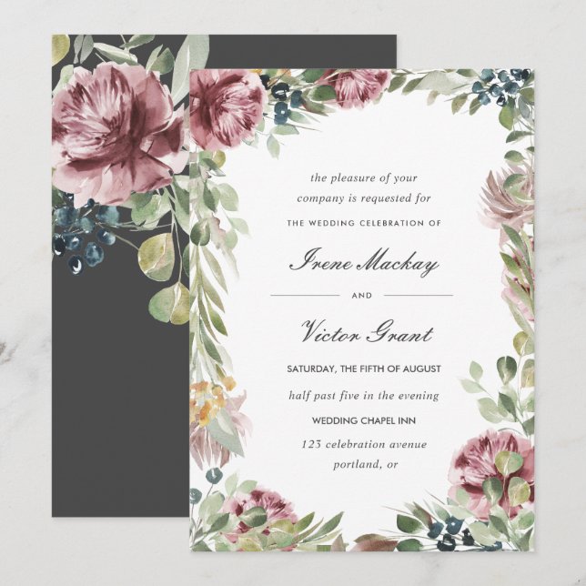 Anemone Blush | Grey Romantic Botanical Wedding Invitation (Front/Back)