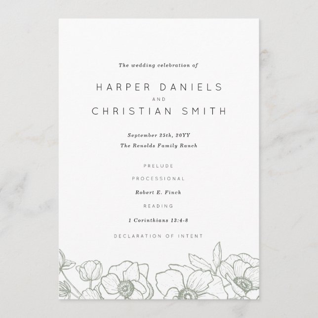 Anemone Bouquet Wedding Programme (Front)