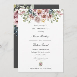 Anemone Dark Grey Botanical  Engagement Party Invitation