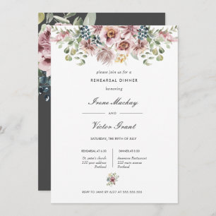 Anemone Dark Grey Botanical  Rehearsal Dinner Invitation